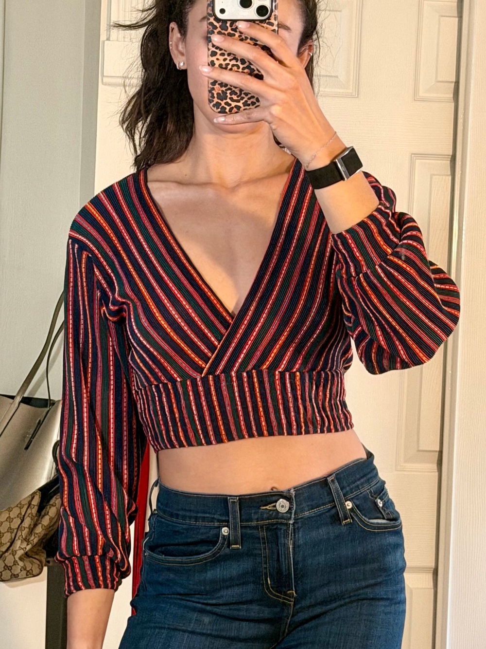 Topshop V-Neck Cropped Top in Navy and Red